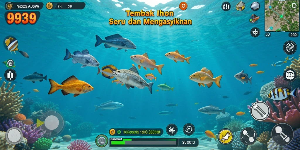 Tampilan gameplay seru dari 9939, saat menembak ikan berbagai jenis.