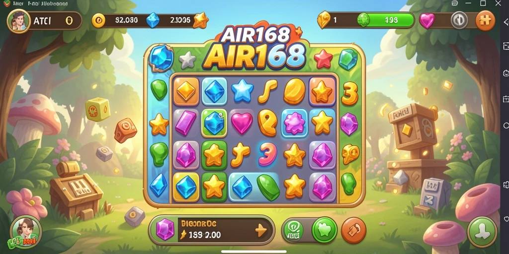 Screenshot game AIR168 menampilkan gameplay Match-3 yang seru dan penuh warna.