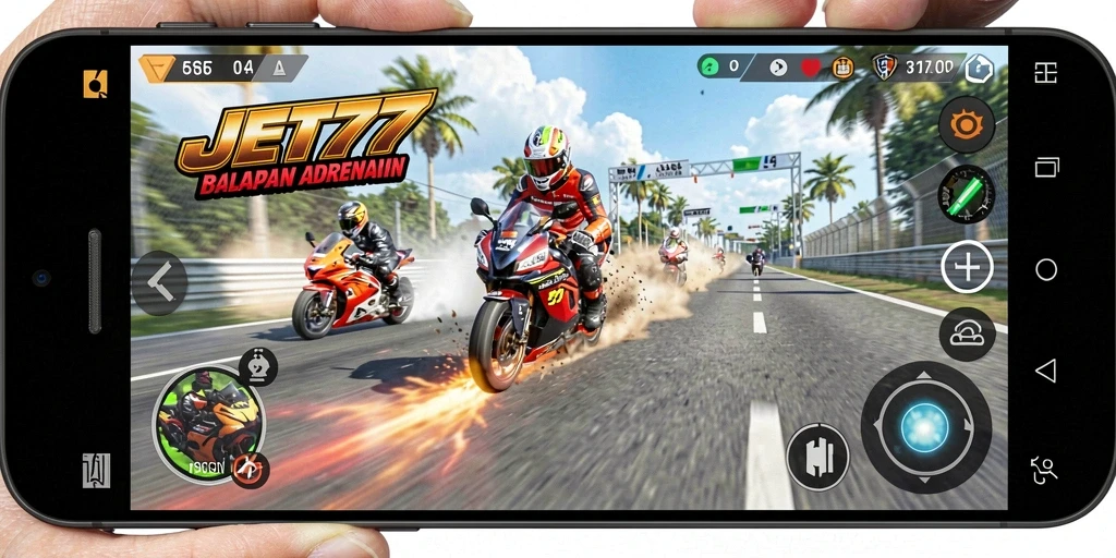 Gameplay seru JET77 dengan balapan motor yang cepat.