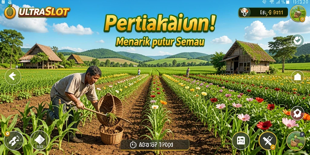 Tangkapan layar utama memainkan <strong>ULTRASLOT</strong> menunjukkan kebun subur yang penuh warna.